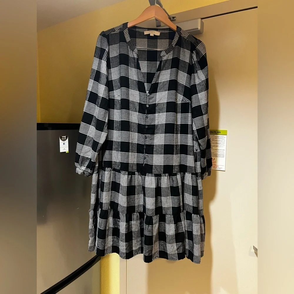 LOFT Plus Plaid Puff Sleeve Swing Dress 16W Black Plaid